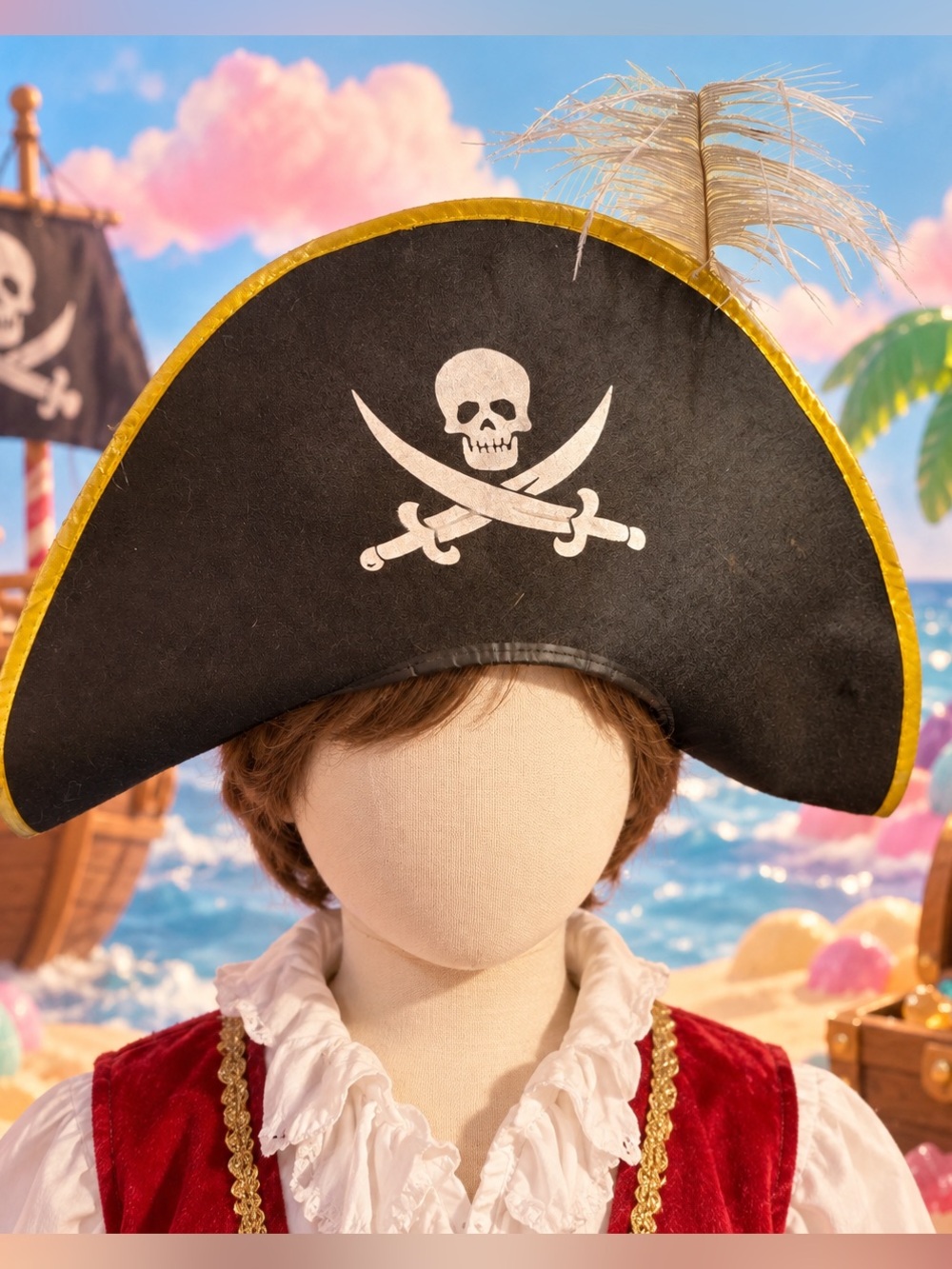 Vintage 90s Kids Pirate Hat Skull Crossed Swords Feather Costume gold trim
